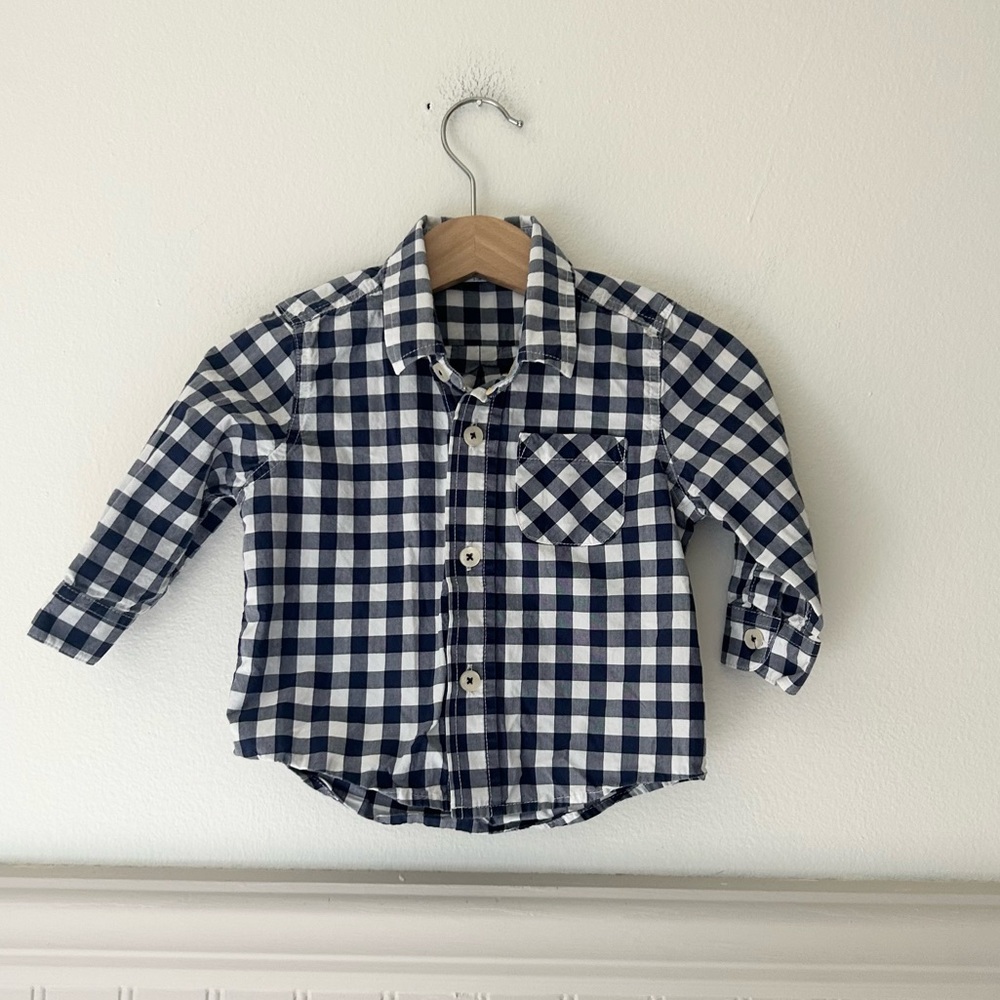 Baby Boden 6-12M 100% Cotton Button-Down Long Sleeve Shirt Blue & White Check